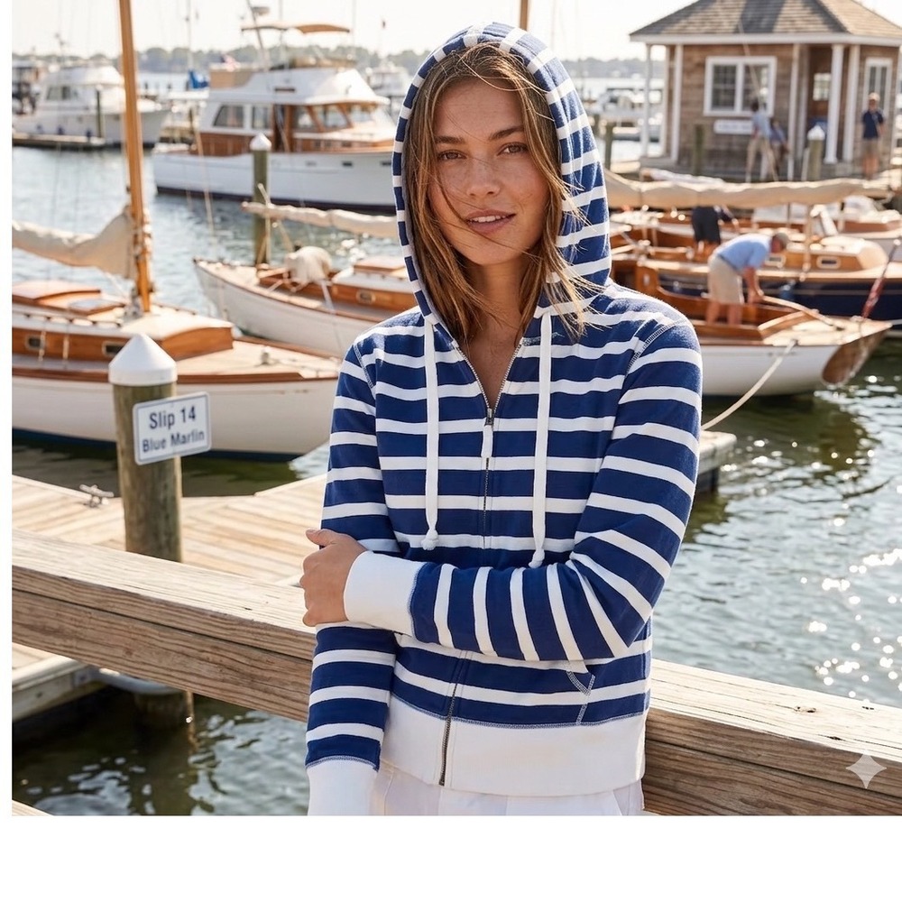 J.Crew Vintage Fleece Zip Up Hoodie Navy Blue White Striped‎ XS Nautical Cotton